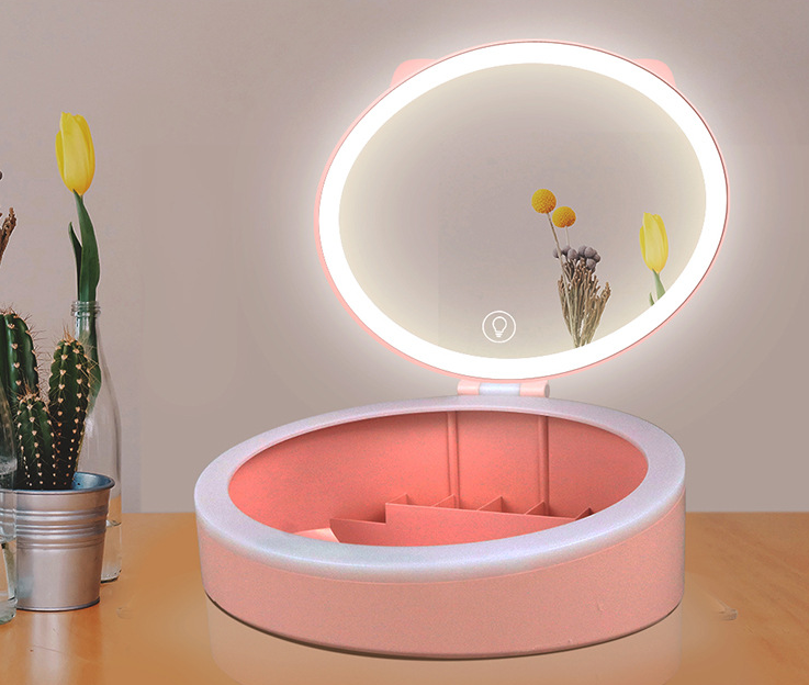 LED Makeup Mirror Desktop Girls Dormitory With Light Storage Box Home Decor